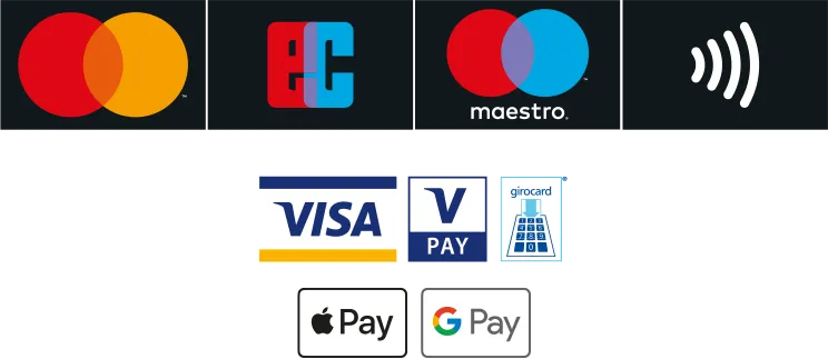 Akzeptierte Karten: Mastercard, girocard, Maestro, kontaktlos, Visa, V Pay, Apple Pay und Google Pay